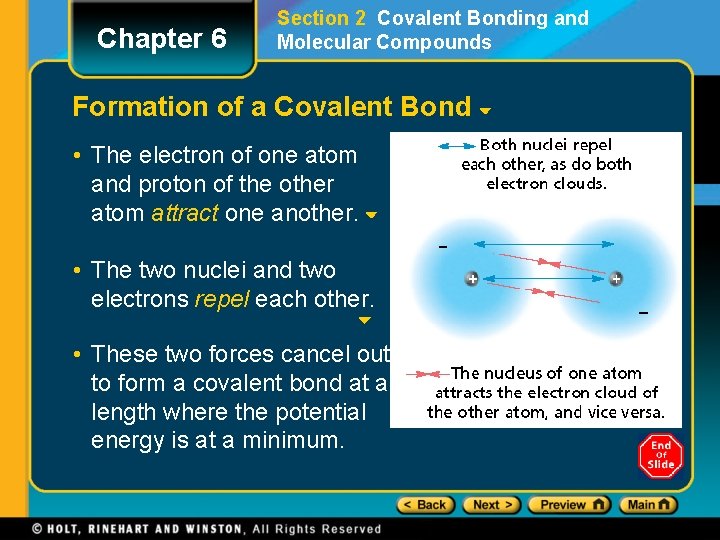 Chapter 6 Section 2 Covalent Bonding and Molecular Compounds Formation of a Covalent Bond