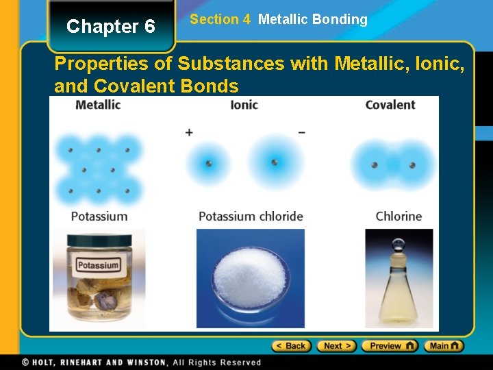Chapter 6 Section 4 Metallic Bonding Properties of Substances with Metallic, Ionic, and Covalent