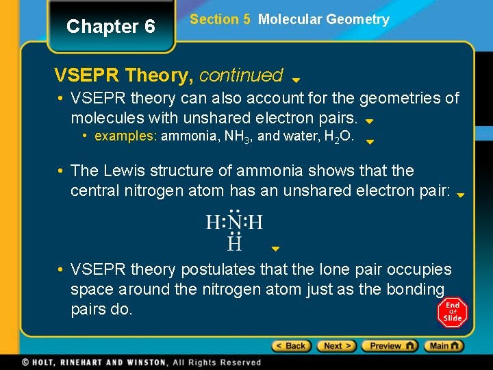 Chapter 6 Section 5 Molecular Geometry VSEPR Theory, continued • VSEPR theory can also
