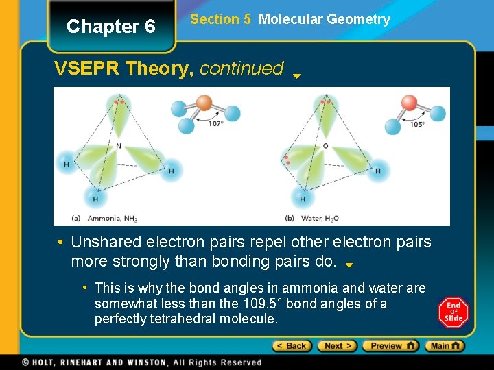 Chapter 6 Section 5 Molecular Geometry VSEPR Theory, continued • Unshared electron pairs repel