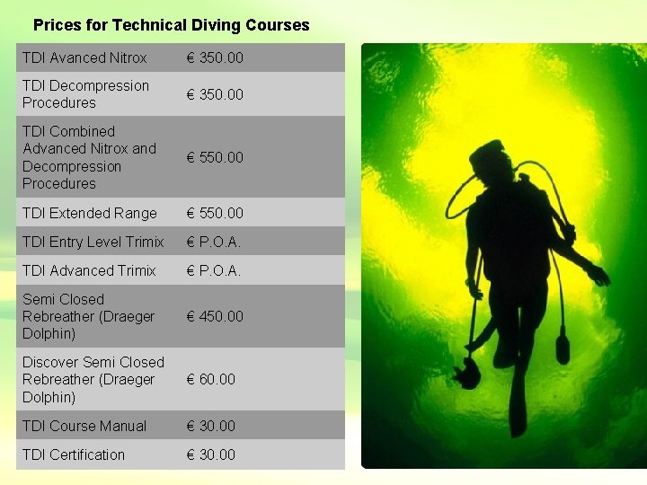 Prices for Technical Diving Courses TDI Avanced Nitrox € 350. 00 TDI Decompression Procedures