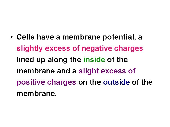  • Cells have a membrane potential, a slightly excess of negative charges lined