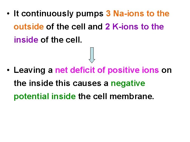  • It continuously pumps 3 Na ions to the outside of the cell
