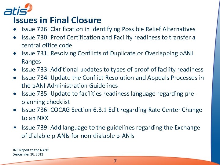Issues in Final Closure Issue 726: Clarification in Identifying Possible Relief Alternatives Issue 730: