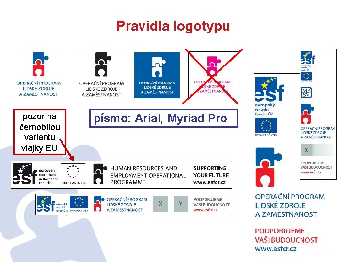 Pravidla logotypu pozor na černobílou variantu vlajky EU písmo: Arial, Myriad Pro 