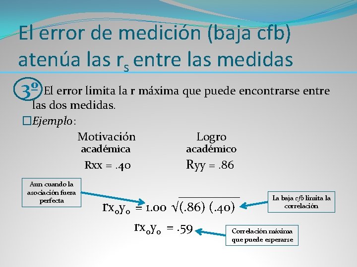 El error de medición (baja cfb) atenúa las rs entre las medidas 3º El