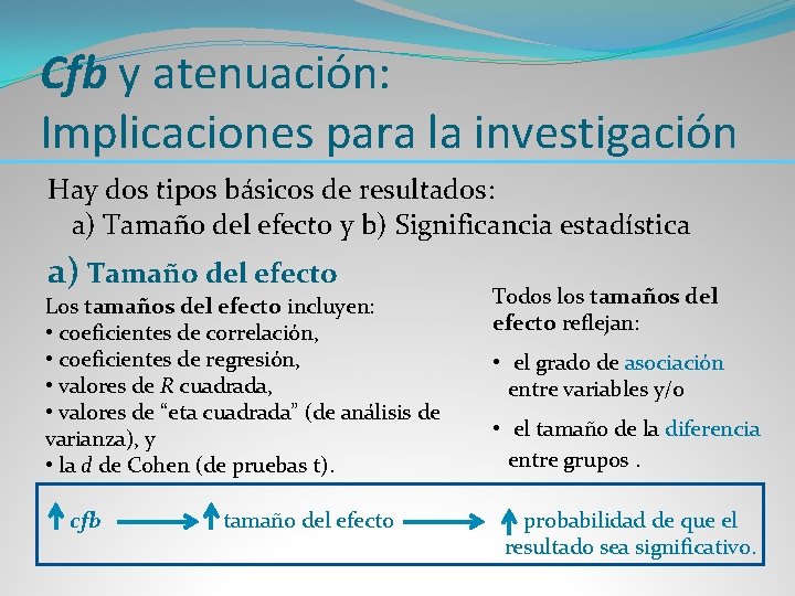 Cfb y atenuación: Implicaciones para la investigación Hay dos tipos básicos de resultados: a)