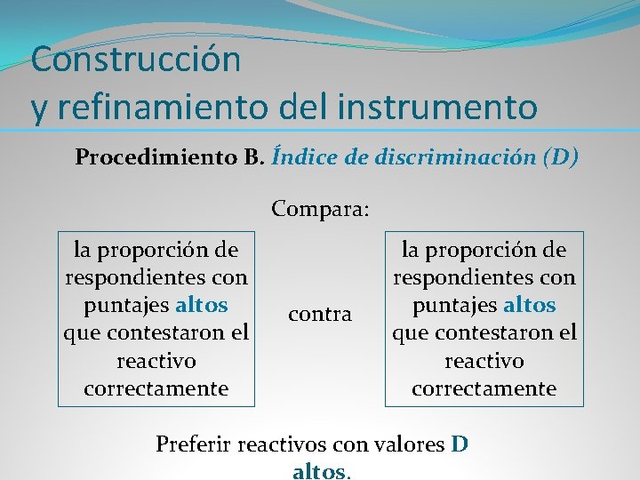 Construcción y refinamiento del instrumento Procedimiento B. Índice de discriminación (D) Compara: la proporción