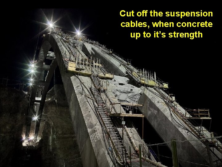 Cut off the suspension cables, when concrete up to it’s strength 