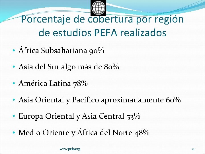 Porcentaje de cobertura por región de estudios PEFA realizados • África Subsahariana 90% •