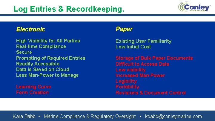Log Entries & Recordkeeping. Electronic Paper High Visibility for All Parties Real-time Compliance Secure