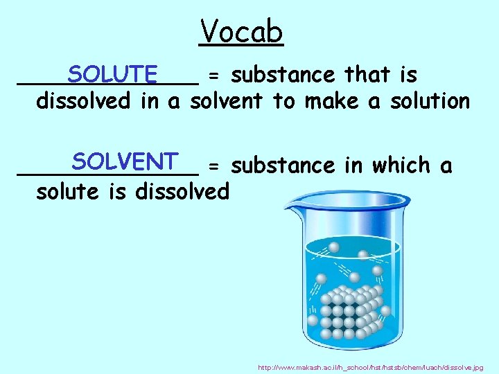 Vocab SOLUTE _______ = substance that is dissolved in a solvent to make a