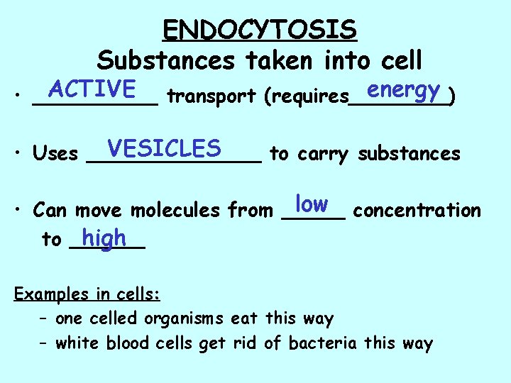 ENDOCYTOSIS Substances taken into cell ACTIVE transport (requires____) energy • _____ VESICLES • Uses