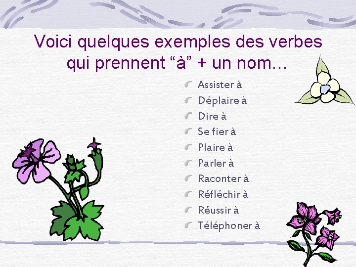 Voici quelques exemples des verbes qui prennent “à” + un nom… Assister à Déplaire