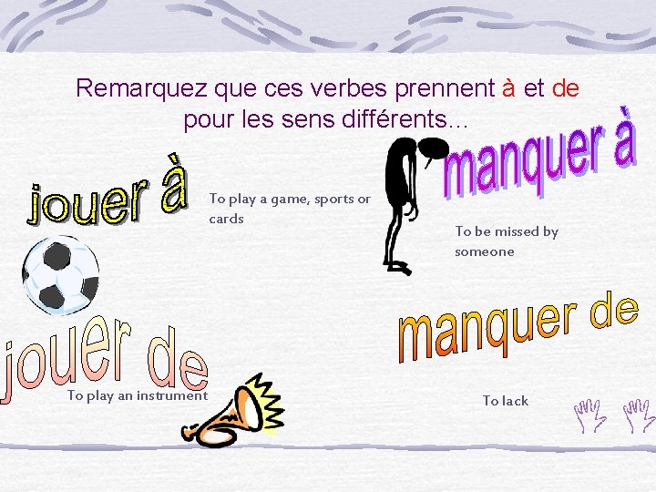 Remarquez que ces verbes prennent à et de pour les sens différents… To play