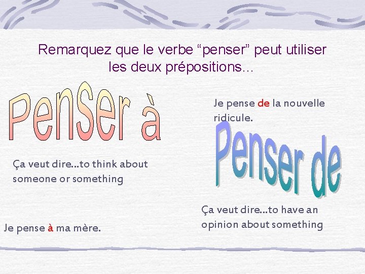 Remarquez que le verbe “penser” peut utiliser les deux prépositions… Je pense de la