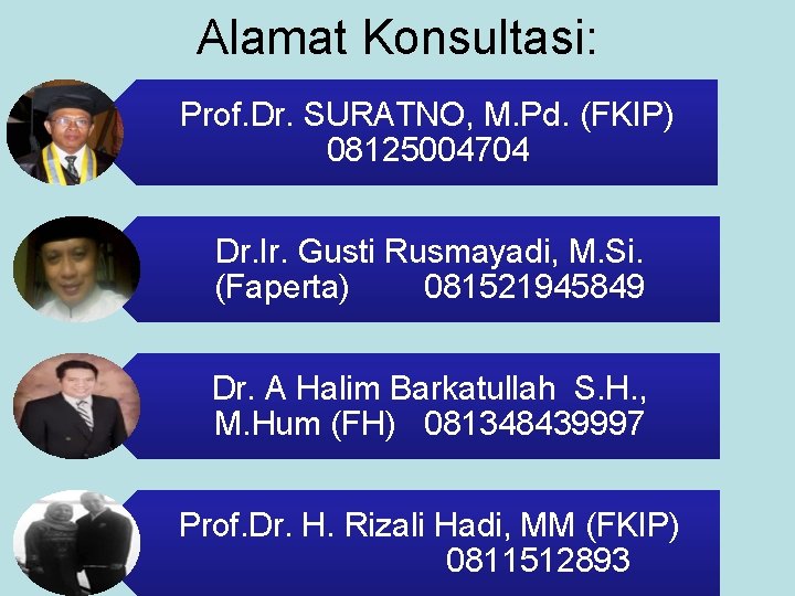 Alamat Konsultasi: Prof. Dr. SURATNO, M. Pd. (FKIP) 08125004704 Dr. Ir. Gusti Rusmayadi, M.