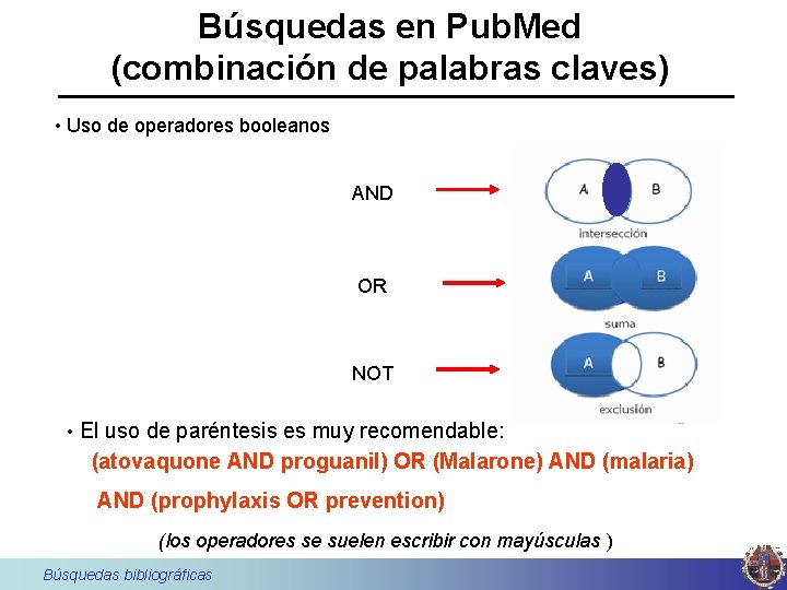 Búsquedas en Pub. Med (combinación de palabras claves) • Uso de operadores booleanos AND