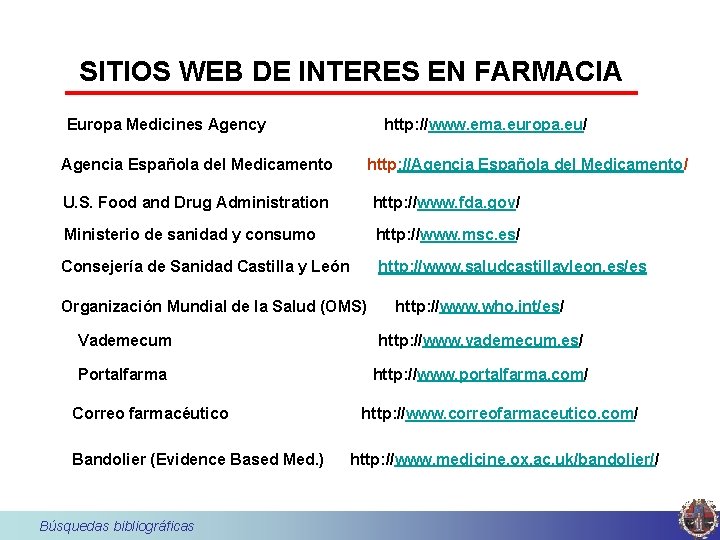 SITIOS WEB DE INTERES EN FARMACIA Europa Medicines Agency Agencia Española del Medicamento http: