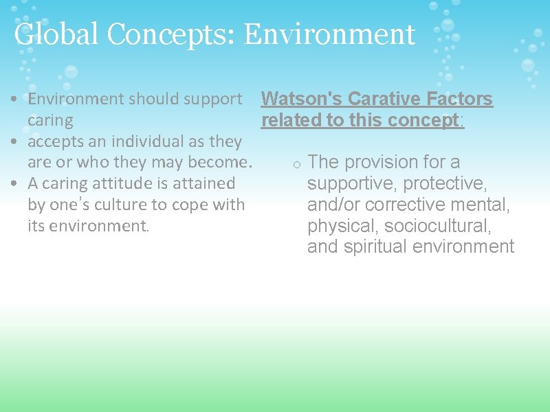 Global Concepts: Environment • Environment should support Watson's Carative Factors caring related to this