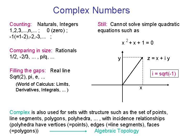Complex Numbers Counting: Naturals, Integers 1, 2, 3, . . . , n, .