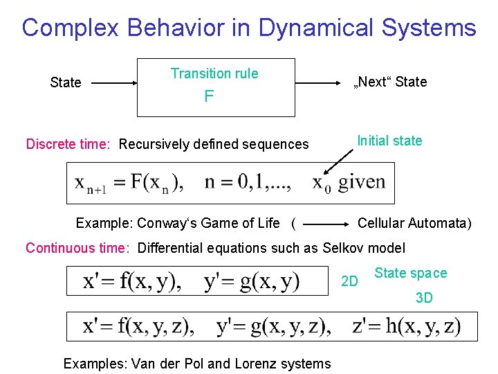 Complex Behavior in Dynamical Systems State Transition rule F Discrete time: Recursively defined sequences