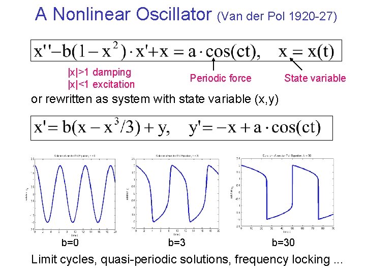 A Nonlinear Oscillator (Van der Pol 1920 -27) |x|>1 damping |x|<1 excitation Periodic force