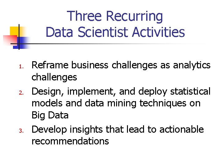 Three Recurring Data Scientist Activities 1. 2. 3. Reframe business challenges as analytics challenges