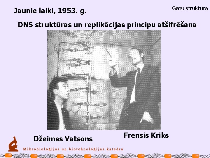 Gēnu struktūra Jaunie laiki, 1953. g. DNS struktūras un replikācijas principu atšifrēšana Džeimss Vatsons