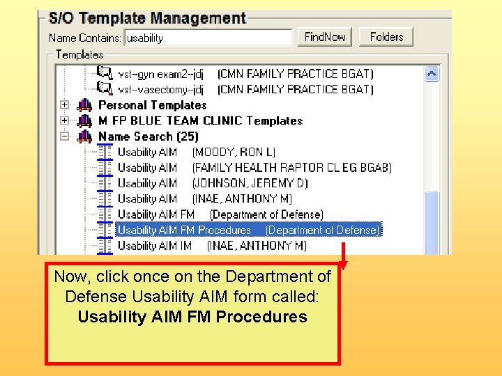 Now, click once on the Department of Defense Usability AIM form called: Usability AIM