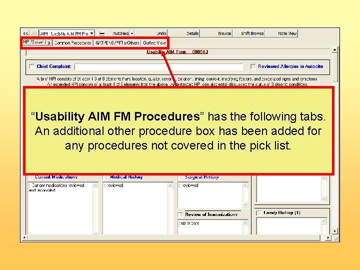 “Usability AIM FM Procedures” has the following tabs. An additional other procedure box has