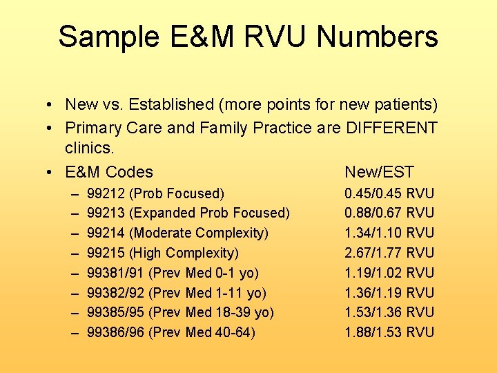 Sample E&M RVU Numbers • New vs. Established (more points for new patients) •