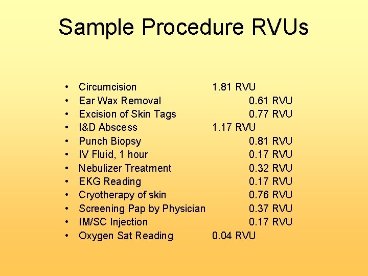 Sample Procedure RVUs • • • Circumcision 1. 81 RVU Ear Wax Removal 0.