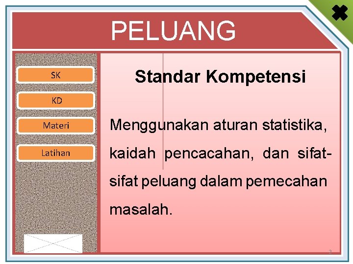 PELUANG SK Standar Kompetensi KD Materi Menggunakan aturan statistika, Latihan kaidah pencacahan, dan sifat