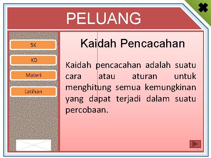 PELUANG SK KD Materi Latihan By : Novitasari Kaidah Pencacahan Kaidah pencacahan adalah suatu