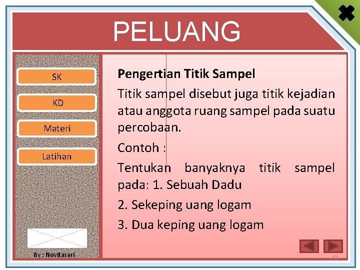 PELUANG SK KD Materi Latihan By : Novitasari Pengertian Titik Sampel Titik sampel disebut