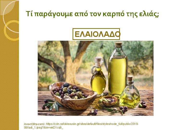 Τί παράγουμε από τον καρπό της ελιάς; ΕΛΑΙΟΛΑΔΟ Ανακτήθηκε από: https: //cdn. sofokleousin. gr/sites/default/files/styles/node_full/public/201908/ladi_1.