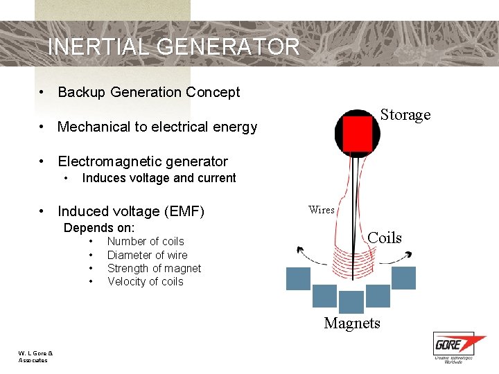 INERTIAL GENERATOR • Backup Generation Concept Storage • Mechanical to electrical energy • Electromagnetic