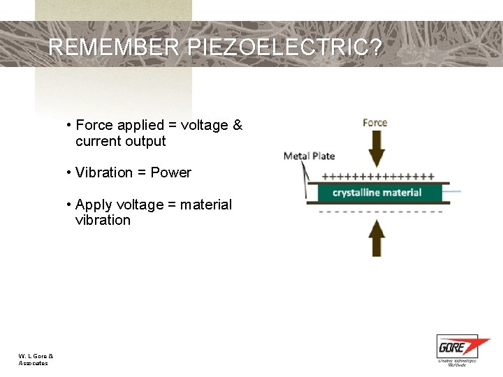 REMEMBER PIEZOELECTRIC? • Force applied = voltage & current output • Vibration = Power