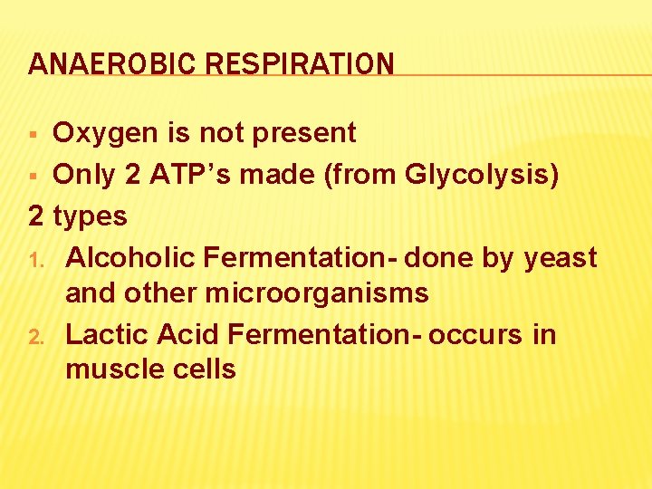 ANAEROBIC RESPIRATION Oxygen is not present § Only 2 ATP’s made (from Glycolysis) 2