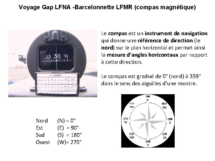 Voyage Gap LFNA -Barcelonnette LFMR (compas magnétique) Le compas est un instrument de navigation