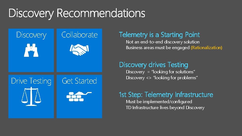 Discovery Collaborate Telemetry is a Starting Point Not an end-to-end discovery solution Business areas