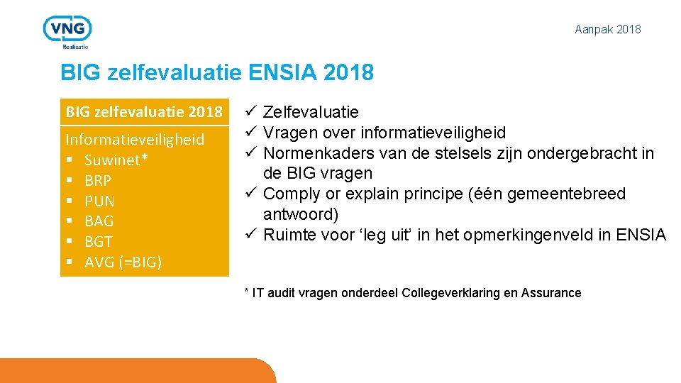 Aanpak 2018 BIG zelfevaluatie ENSIA 2018 BIG zelfevaluatie 2018 Informatieveiligheid § Suwinet* § BRP