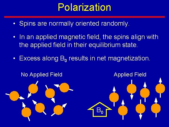Polarization • Spins are normally oriented randomly. • In an applied magnetic field, the