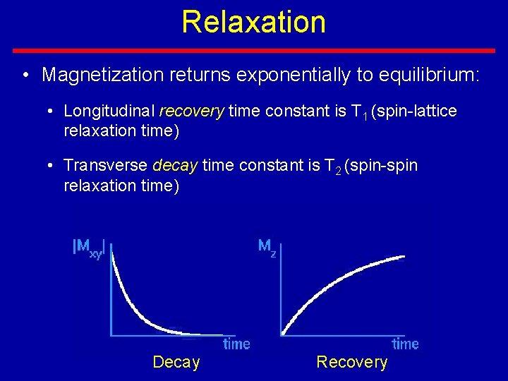 Relaxation • Magnetization returns exponentially to equilibrium: • Longitudinal recovery time constant is T