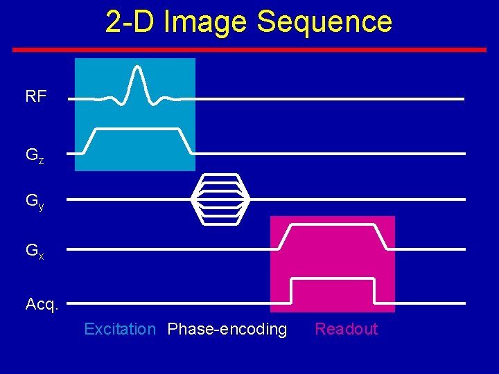 2 -D Image Sequence RF Gz Gy Gx Acq. Excitation Phase-encoding Readout 