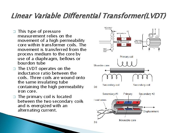 Linear Variable Differential Transformer(LVDT) � � � This type of pressure measurement relies on