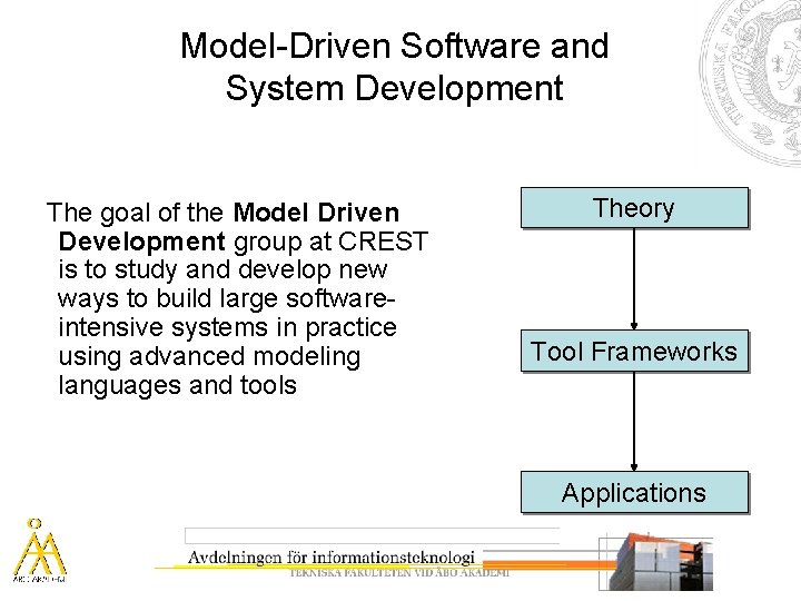 Model-Driven Software and System Development The goal of the Model Driven Development group at