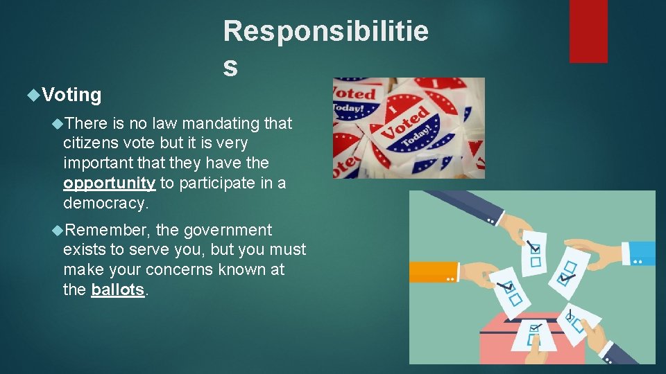 Responsibilitie s Voting There is no law mandating that citizens vote but it is