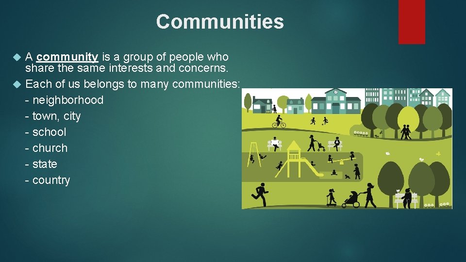 Communities A community is a group of people who share the same interests and